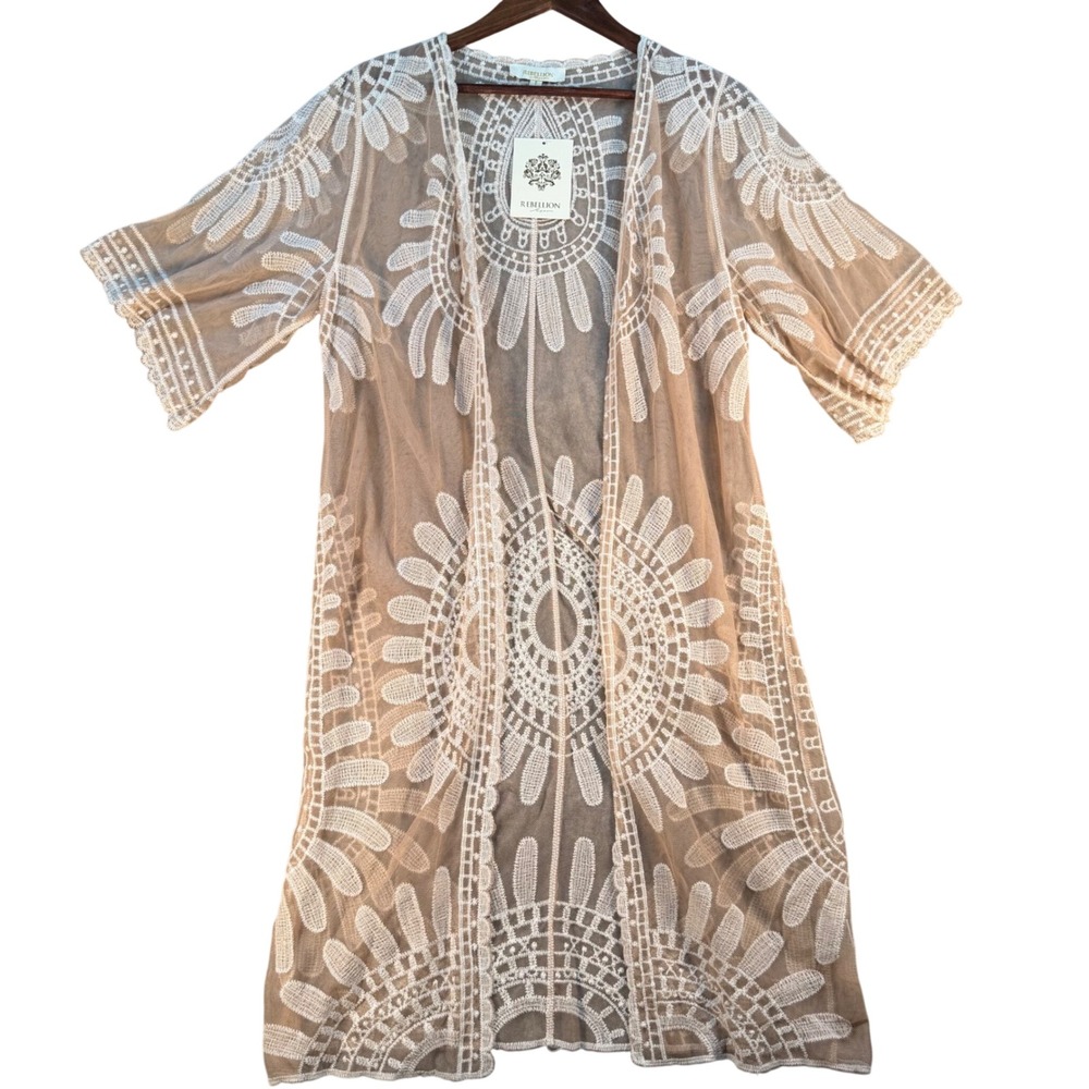Rebellion Again Tan White Embroidered Mesh Duster Cardigan Boho Longline Small